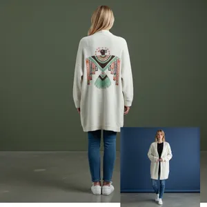 Blakeley Womens Cream Popcorn Knit Thunderbird Graphic Longline Cardigan‎ PS thumbnail 2