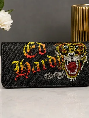 Ed Hardy Rhinestone Tiger Flap Clutch Wallet Black Y2K NWT thumbnail 2