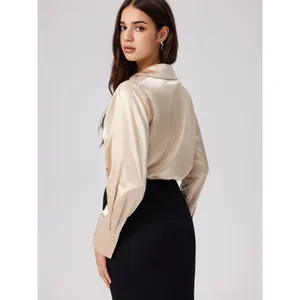 Commense Elegant Satin Old Money Pleated Long Sleeve Blouse Champagne Small thumbnail 4