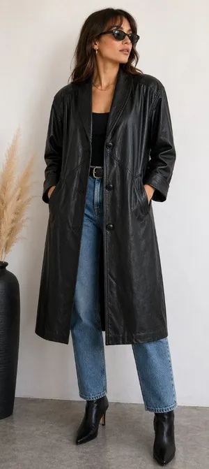Jacqueline Ferrar Vintage 90s Black Leather Trench Coat Oversized Minimalist Long Coat - Size M thumbnail 1