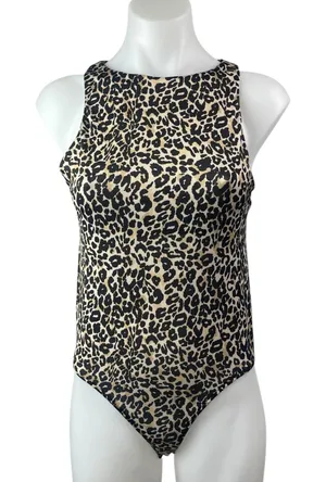 Zara Beige Black Leopard High Neck Animal Print Sleeveless Tank Bodysuit Top M thumbnail 1