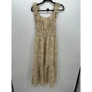 Melloday Tan Floral Smocked Waist Ruffle Strap Tiered Midi Dress S Cottagecore thumbnail 2