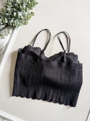 Boutique Black Ribbed Crop Cami Lace Trim Double Strap Bralette Tank thumbnail 2