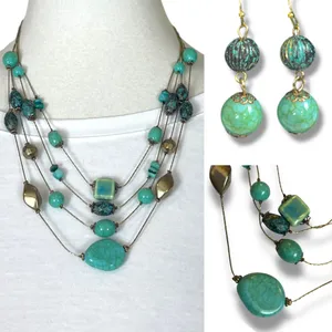 Chico’s Women’s Necklace Earrings Set Multi Strand Turquoise Gold 12” Length thumbnail 3
