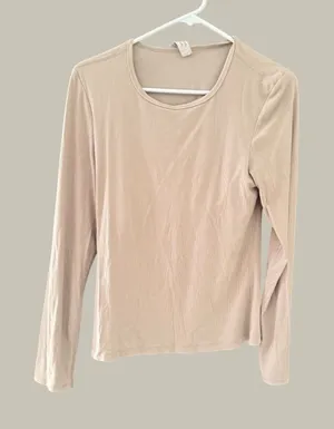 Yogalicious Heavenly Rib Kathleen Long Sleeve Top Beige Ribbed Shelf Bra Large thumbnail 1