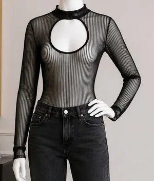 Commense Womens Bodysuit Black Sheer Mesh Front Cutout Ribbed Long Sleeve M thumbnail 1