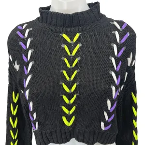 Forever 21 Black Lace Up Long Sleeve Mock Neck Pullover Crop Sweater Top Size M thumbnail 3