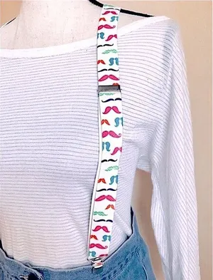 White Suspenders w/ Multicolored Neon Mustache Pattern: Stretchy, Adjustable Multiple thumbnail 1