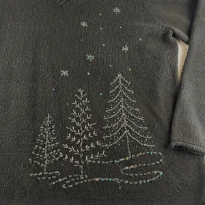 White Stag Women's V Neck‎ Long Sleeve Beaded Christmas Tree Sweater Black 2XL thumbnail 3