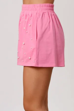 Peach Love Pearl Detail Terry Cloth Shorts Pink thumbnail 2