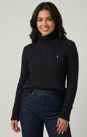 Ralph Lauren Sport Black Cable Knit Turtleneck Sweater Size Medium thumbnail 1