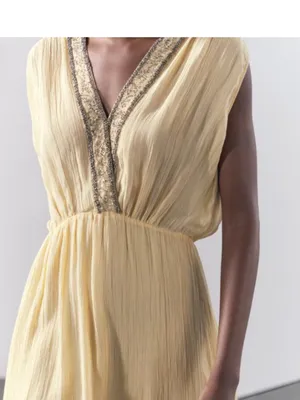 Zara NWT embellished beaded trim light yellow Sleeveless Maxi Dress thumbnail 5