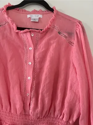 Pink Cotton Peasant Lace Shirt Mini Dress Large Button Up Cottagecore Dainty thumbnail 3