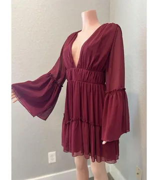 MISS ORD CUTE Ruffle Pintuck Dres Sz L WINE Maroon Romantic Cottagecore NWT #125 thumbnail 4