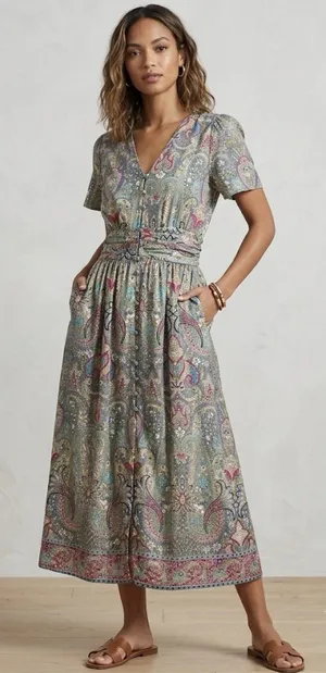 Boemo Dress Silky Paisley Maxi Size Large Short‎ Sleeve thumbnail 1
