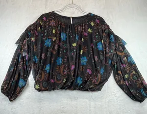 Free People Floral Blouse Sheer Ruffle Long Sleeve Top‎ Black XS thumbnail 1