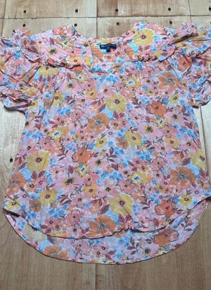 Democracy Womens Floral Ruffle Flutter Sleeve Top Pink Orange Yellow Blue Size M thumbnail 1