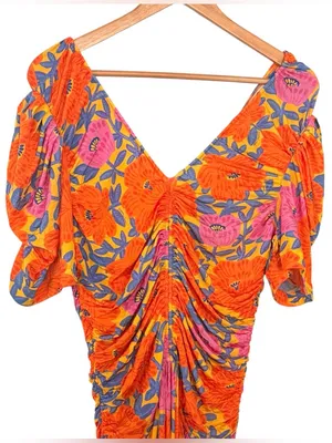ANTHROPOLOGIE Farm Rio Short Sleeve Ruched Midi Dress Tropical Floral Size M NEW thumbnail 5