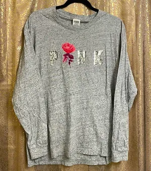 PINK Victoria’s Secret campus long sleeve, gray/rose with silver sequin bling M thumbnail 1