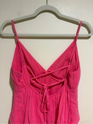Hollister V-Neck Ruffle Tiered Mini Dress Lace Up Corset Back Hot Pink Medium thumbnail 6