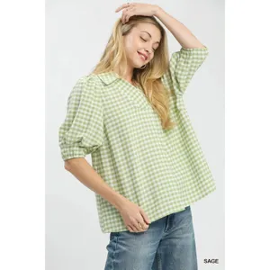 Umgee Gingham Puff Sleeve Collared Blouse - Medium thumbnail 2