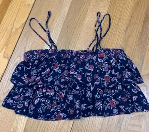 Zara Womens Small Navy Blue Floral Tiered Ruffle Crop Top Spaghetti Strap Cotton thumbnail 1