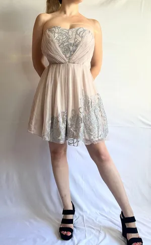 Teeze Me Lace/Mesh Strapless Glitter Homecoming Mini Dress - Blush Pink - 7 thumbnail 1