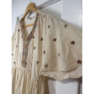 Max Women Cream Cotton Boho Embroidered V-Neck Ruffle Hem Mini Dress thumbnail 13