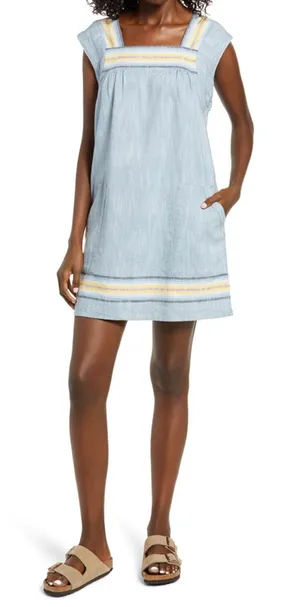 Faherty Women 100% Cotton Hailee Dress XS Blue‎ Striped Square Neck Prairie thumbnail 1