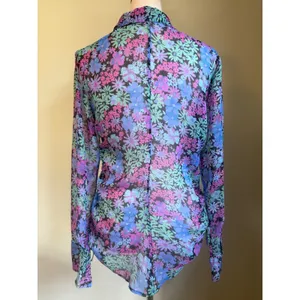 Free People Floral Ruched Side Button Down Shirt Purple Blue Small boho whimsi‎ thumbnail 4