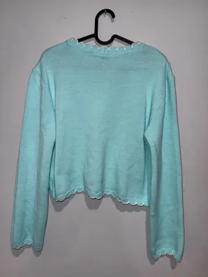 Scallop Edge Cropped Cardigan Sweater - Light Aqua thumbnail 9