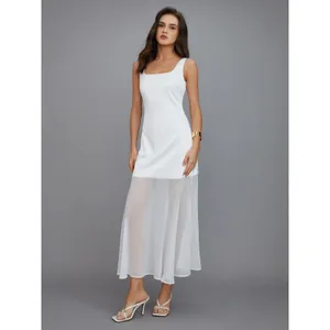 Commense Satin Bridal White Sheer Chiffon Overlay Minimalist Maxi Dress NWT L thumbnail 6
