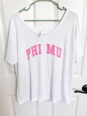 Bella Canvas Flowy Collection White Tee with Pink PHI MU Lettering L thumbnail 1