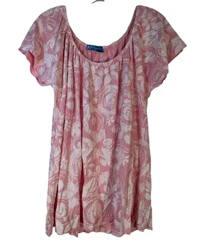 Fresh Produce Pink White Floral Scoop Neck Tunic Top Short Sleeve USA Made L‎ thumbnail 1