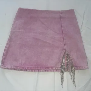 Sparkle Rhinestone Fringe Pink Denim Mini Skirt. Women’s Large-High Waisted thumbnail 6