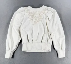 Anthropologie Floral Applique Puff Sleeve Sweatshirt Cream Cotton S thumbnail 1