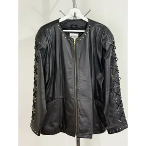 Vintage Women’s Black Leather Jacket Lace Up Studded Biker Y2K Punk Goth Size S thumbnail 6