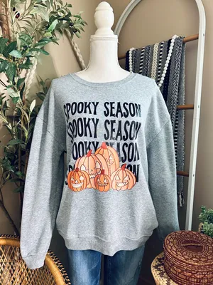 Spooky Season Halloween Pumpkin Gray Crewneck Sweatshirt Size L thumbnail 1