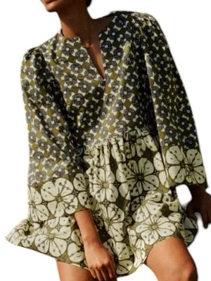 Tuckernuck 100%Cotton Boho Olive & Blue Floral Print Pleated Dress Size Large thumbnail 1