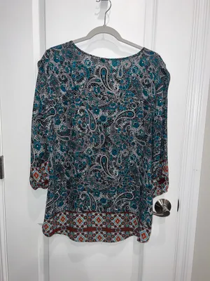Catos Women's Slit Sleeve Paisley Blouse Size Large Back Teal thumbnail 2