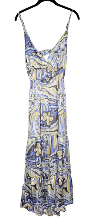 Indulge in Style Maxi Dress L Blue Yellow Floral Print Sleeveless Open Back thumbnail 1