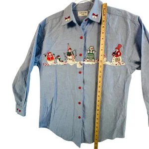 Vtg Christmas Snowman Shirt Chambray Denim Holiday Button‎ Down Top S Festive thumbnail 5