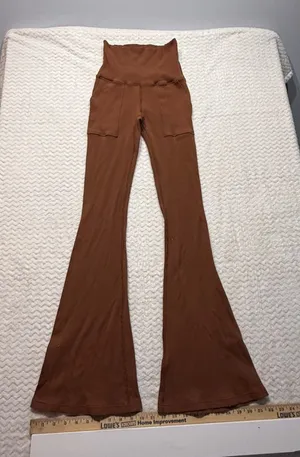 OFFLINE by Aerie Brown Ribbed Flare Leggings High Waist Pockets Small 4284 thumbnail 1