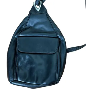 Black‎ Leather Like Sling Teardrop Backpack Silver V Hardware Adjustable Strap Black thumbnail 1