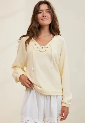 Aerie Lace Up Sweatshirt in Natural Yellow - Small thumbnail 2