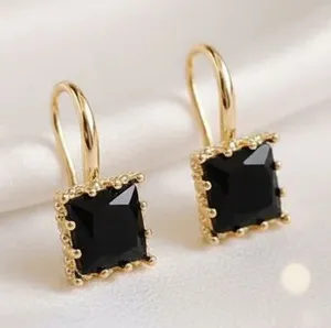 Gold Drop Earrings with Black Square Gemstones thumbnail 1