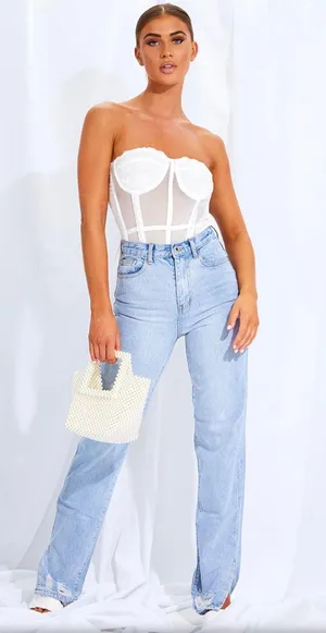 White Mesh Pearl Detailing Corset thumbnail 1
