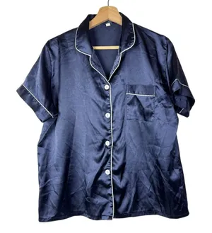Boutique Navy Blue White Trim Satin Button Down Short Sleeve Pajama Top‎ L thumbnail 1