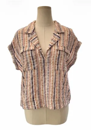 By Anthropologie Striped Textured Short Sleeve Blouse Size M thumbnail 1
