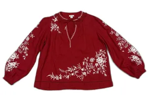 Sundance Blouse Womens XS Linen Embroidered Peasant Boho Top Red Oversized thumbnail 1